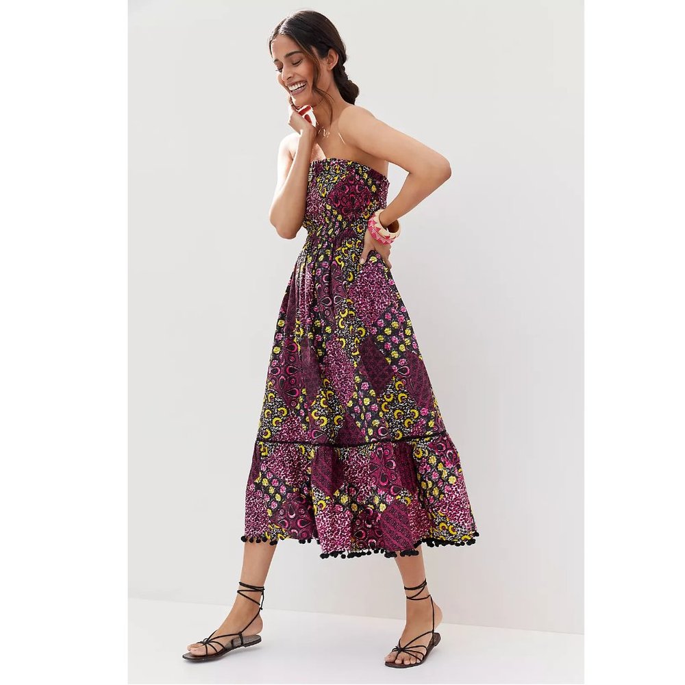 NWT RARE Anthropologie Smocked Abstract Midi Dress Pom Pom Fringe Patchwork Pink